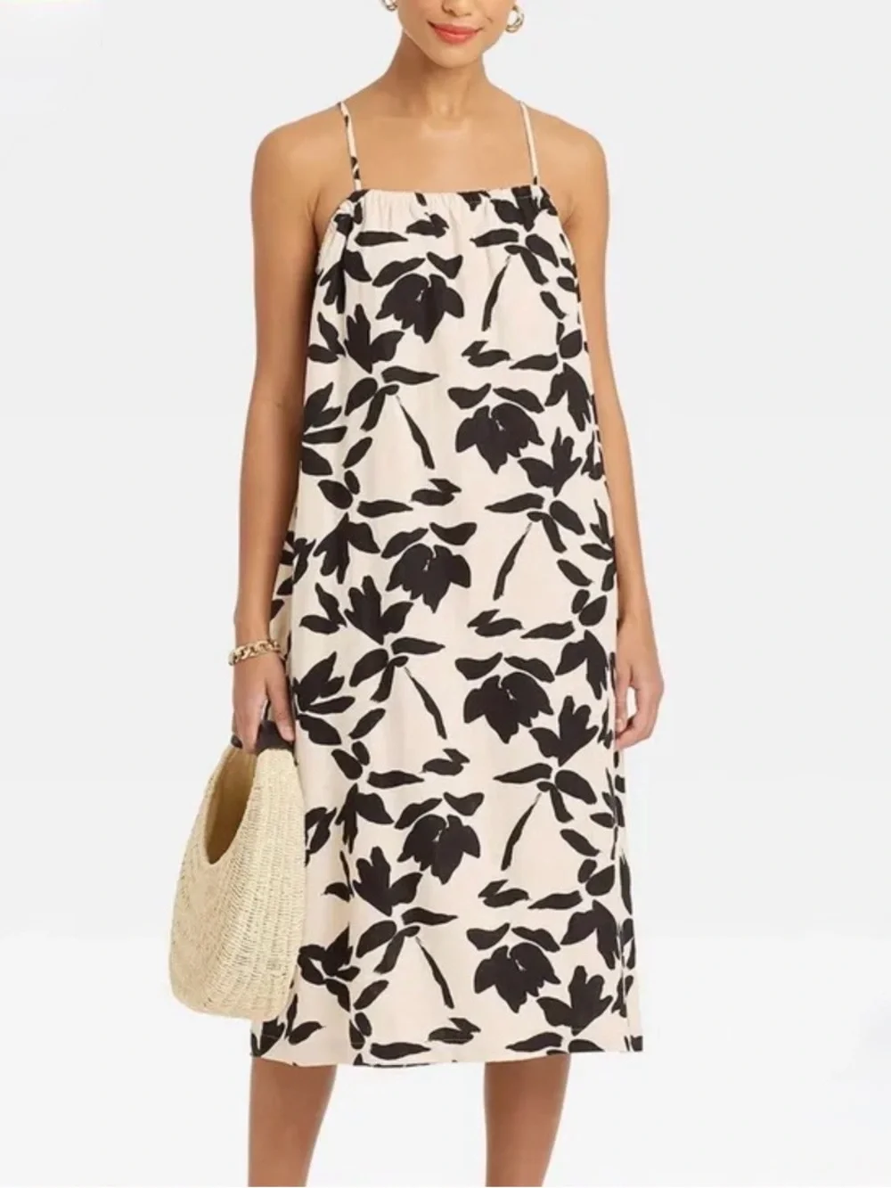 a new day Women's Large Basic Linen Blend Tank Midi Dress Black/Tan Sleeveless